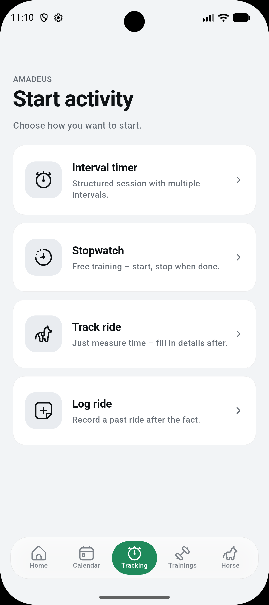 Horselino – start an activity: interval timer, stopwatch, ride tracking